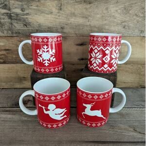 Set of Four Konitz Red Christmas Holiday Mugs Made in Thailand
